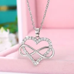 Huitan Chic Women Heart Pendant Necklace Silver Color Elegant Infinity Finger Eight Shape Necklace Wedding Party Trendy Jewelry