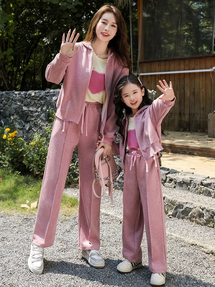 Family Outfits Mom and Daughter Matching Mother  Baby Girls Hood Jacket Zip+pants Two Piece Suit Women Clothes Mommy Set Equal