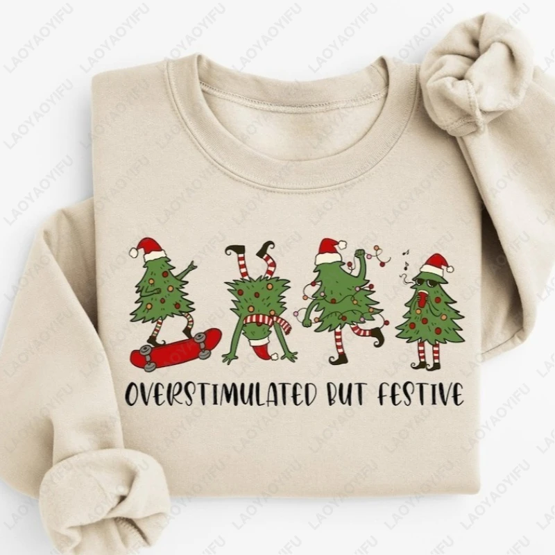 سويت شيرت كبير الحجم مطبوع عليه شجرة عيد الميلاد الاحتفالية للجنسين، مضحك ميمي ريترو كاجوال هودي شتوي بتصميم بسيط ورقبة دائرية #2
