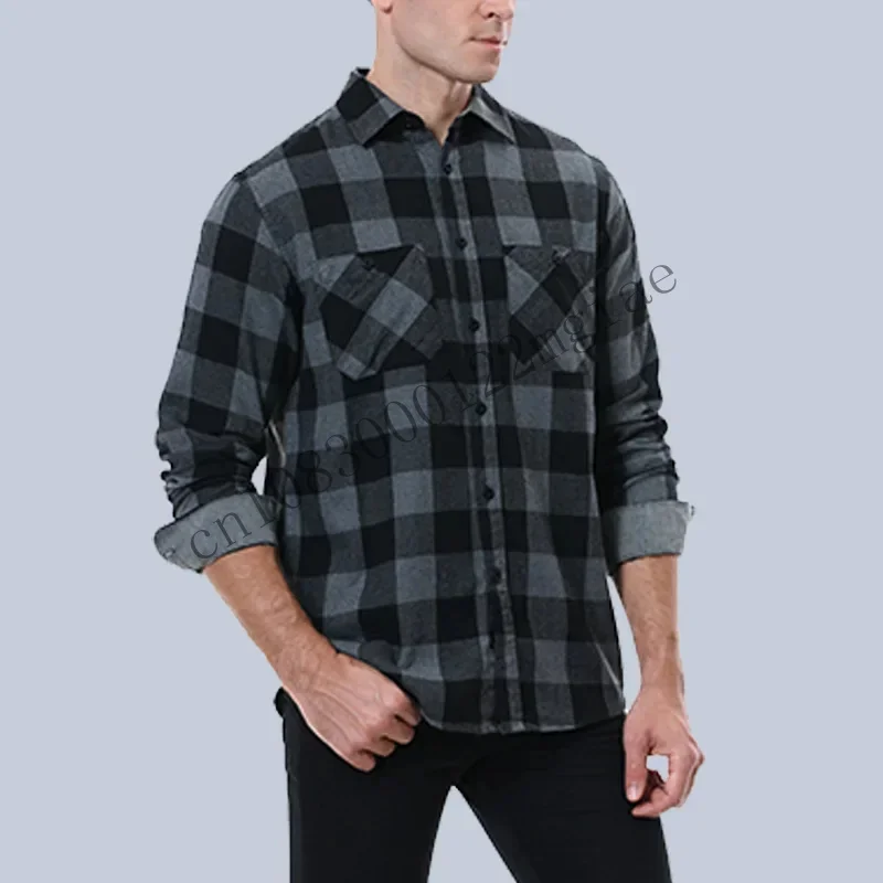 2024New Men Casual Plaid Flannel Shirt Long-Sleeved Chest Two Pocket Design Fashion Printed-Button CMM221