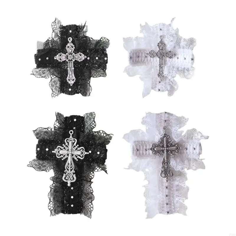 

77HE Lace Crosses Hairclip Dark Hair Clip Headwear Crosses Hair Clip Balletcore