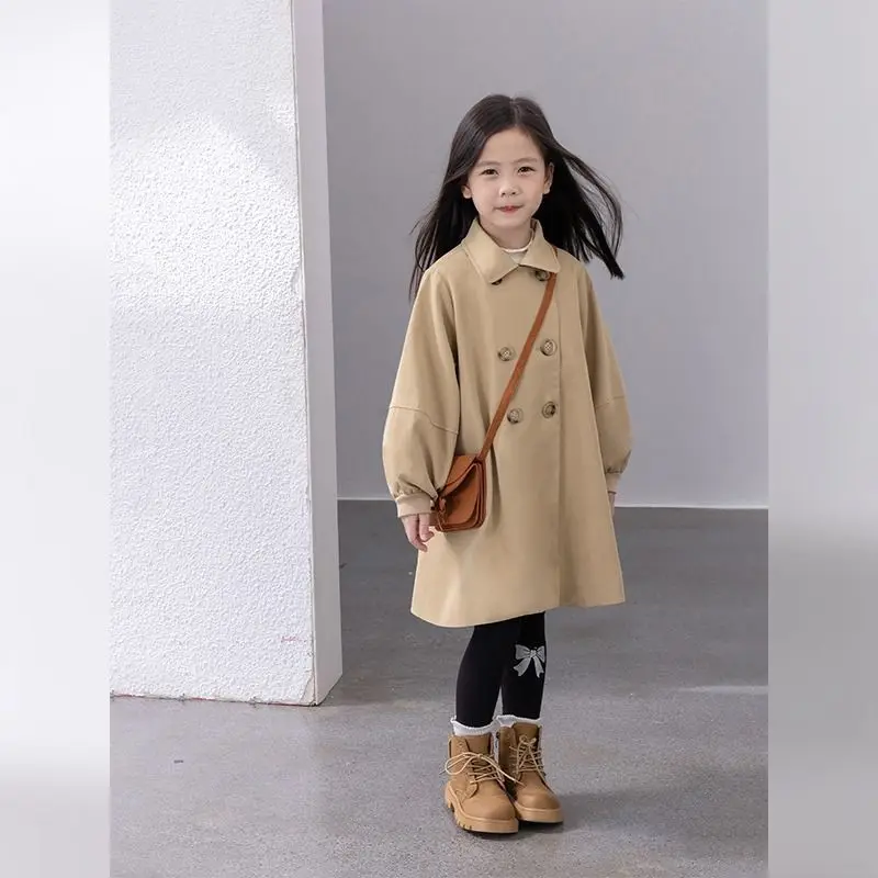 Girl's 2025 Autumn New British Style Mid Length Windbreaker Coat Stylish Versatile Kids Coat for Outdoor Activities