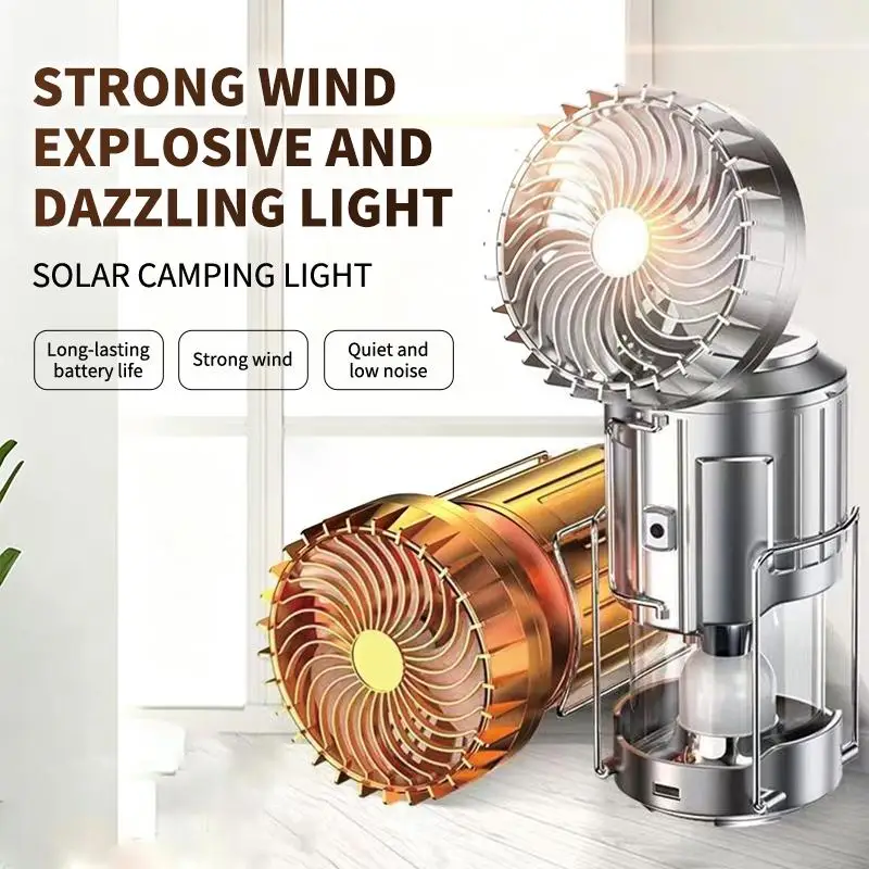 3-in-1 Solar Powered Rechargeable Lamp, Camping Lamp With Integrated Fan, Outdoor Light - Flashlight With Built-in Fan