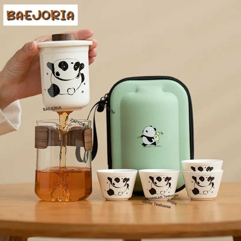 BAEJORIA Cute Panda Mutton Fat Jade Travel Tea Set Kit Japanese 1 Pot 4 Cups Tea Maker Organizer Portable Camping Tote Bag Gifts