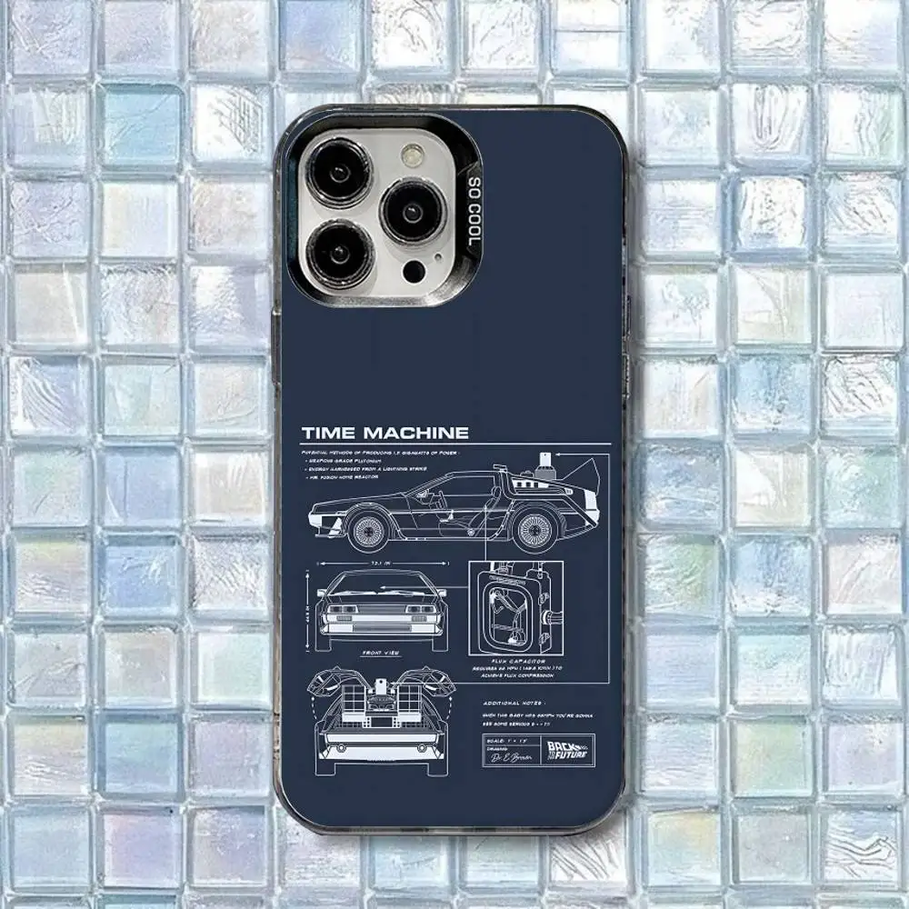 B-Back To The Future Delorean Schematische telefoonhoes voor iPhone 16,15,14,13,12,11,8,7,Pro,Max,Plus,Mini,XS,SE Zwart Matte Cover