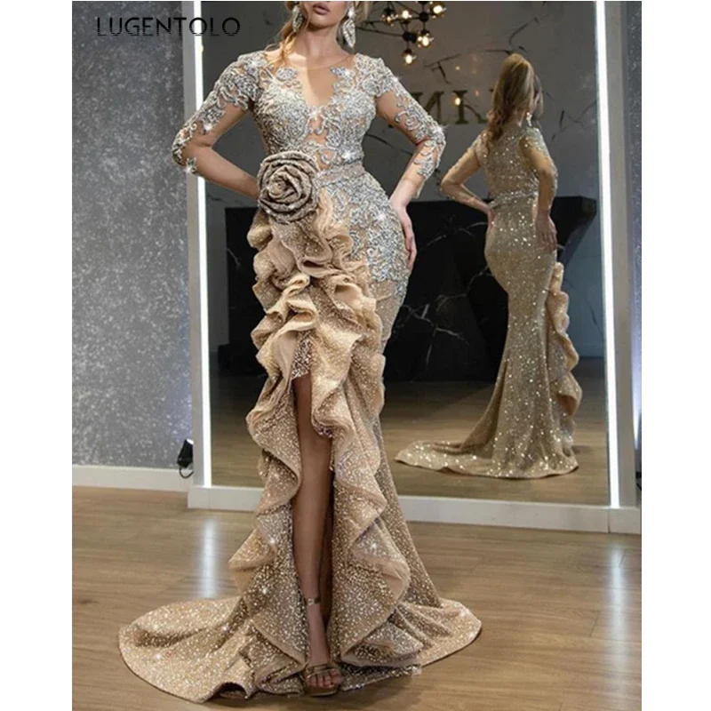 Women Party Dress Sequin Slim Bow Long Sleeve Banquet O-neck Lady Mesh Elegant Dinner Clothing Lugentolo