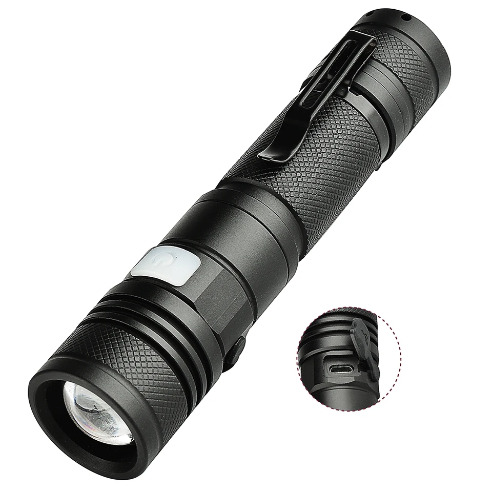 XM-L2 U3 Buillt In 18650 Battery Led Flashlight USB Rechargeable Torch Adjustable Zoomable Focus 3 Switch Modes Waterproof