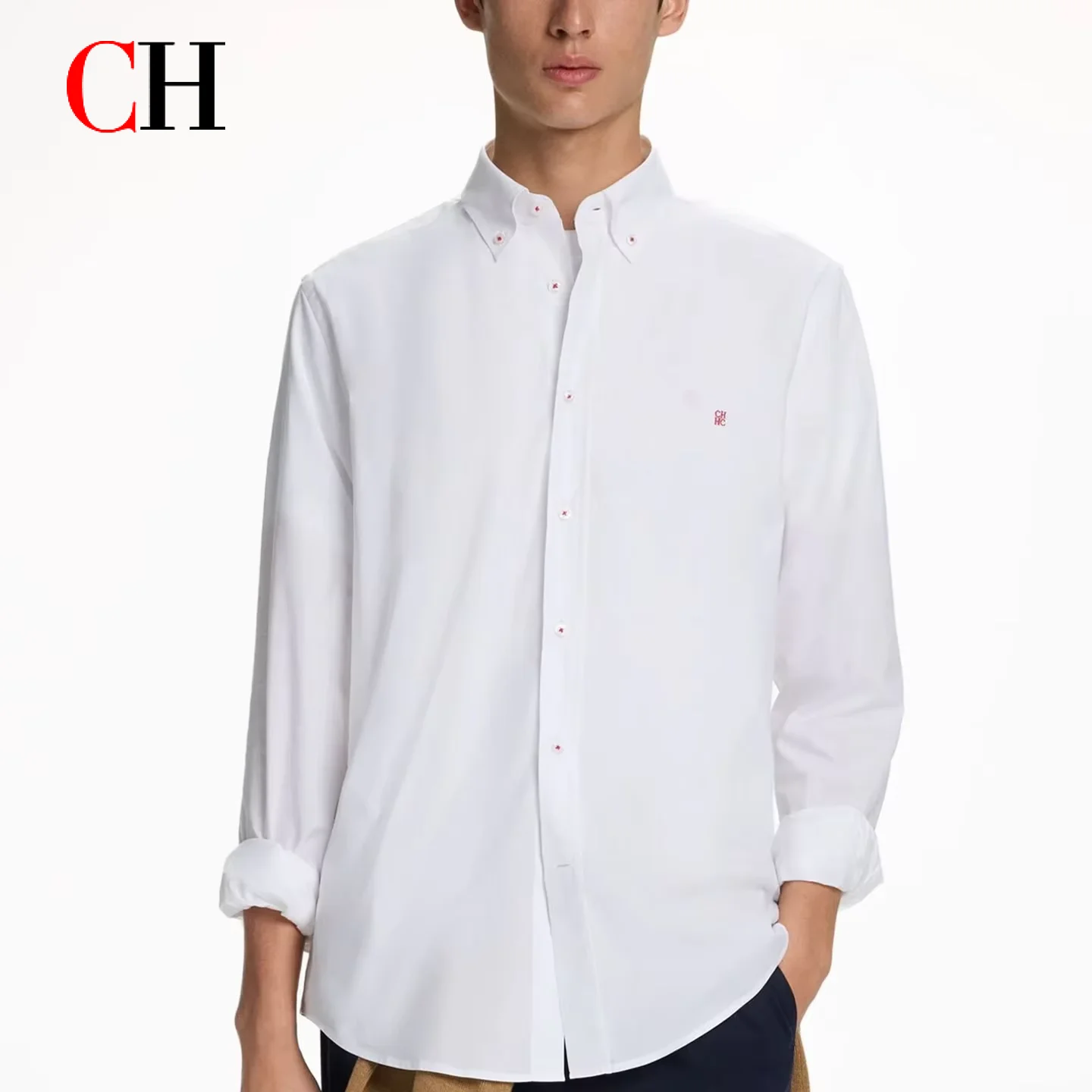 

CH Letter Embroidered Solid Color Cotton Long Sleeve Shirt Men Point Collar Regular Fit Premium Breathable Fabric Casual Tops