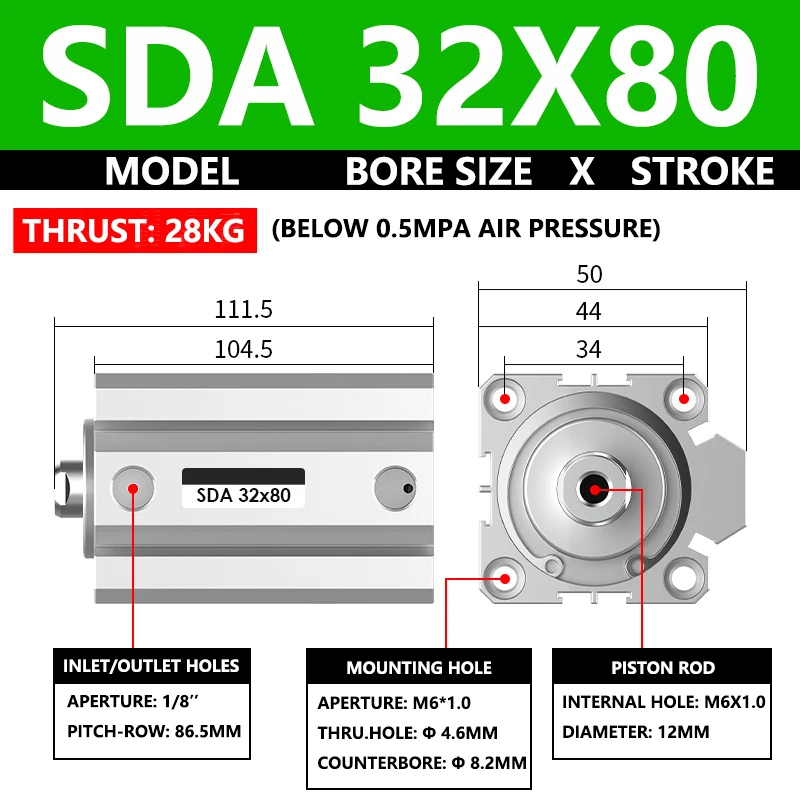 ABILKEEN SDA32X80 SDA Series Thin Air Cylinder 32MM Female Thread Bore X 80MM Stroke Double Acting Pneumatic Compact Cylinder