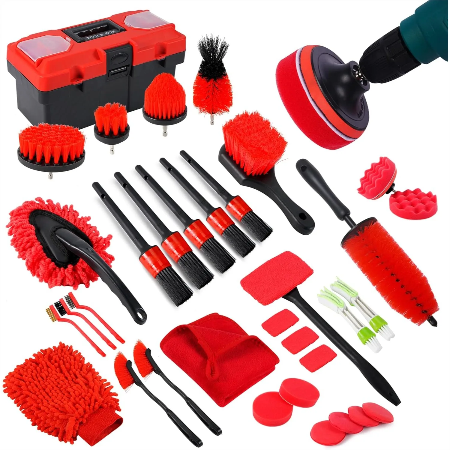

35-Piece Car Detailing Kit with Windshield Tool, Wheel Brush, and Wax Pads in Red Tool Box