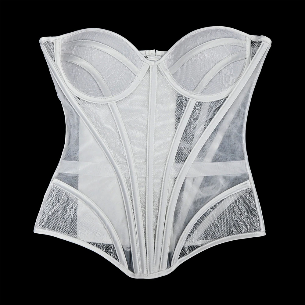 Women Fancy Overbust Corset Cups Boned White Transparent Floral Lace Mesh Bodice Sexy Hourglass Push Up Busiter Tops view 4