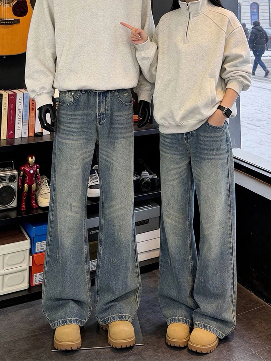 

Retro Blue Waed Men's Straight Leg Jeans High Waist Dstring American Vibe Knife Pants mid Waist Zipper Closure