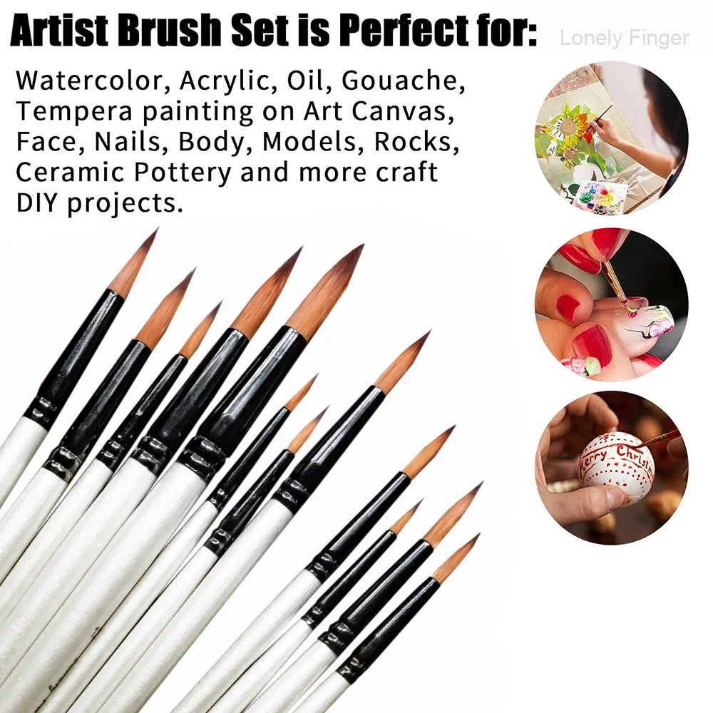 12pcs Round Paint Brush Set Synthetic Nylon Complete Round Brush Set for Watercolor Acrylic Gouache Ink Tempera,Anti-Shedding Sy