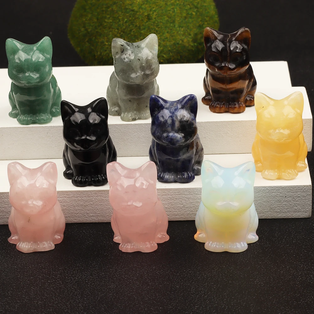 1.5' Jade Cat Figurine, Natural Stone, Hand Carved Rose Quartz Mini Kitten Pet, Crystal Craft, Chakra, Feng Shui Home Decor
