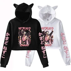 Hot Women Long Sleeve Hoodies Anime Kamado Nezuko Print Cat Ears Hoodie Y2k Casual Pullovers Crop Top Sweatshirts Female Clothes