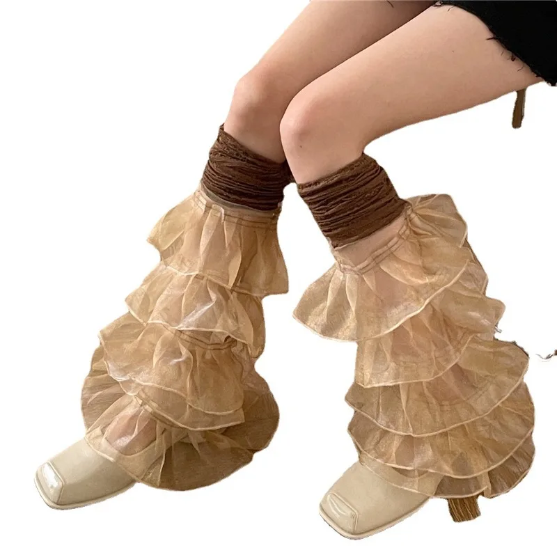 Calze sopra il ginocchio con volant in pizzo per donna Scaldamuscoli con volant in rete a strati Coprigambe a righe sexy Y2K Lolita Jk Accessori