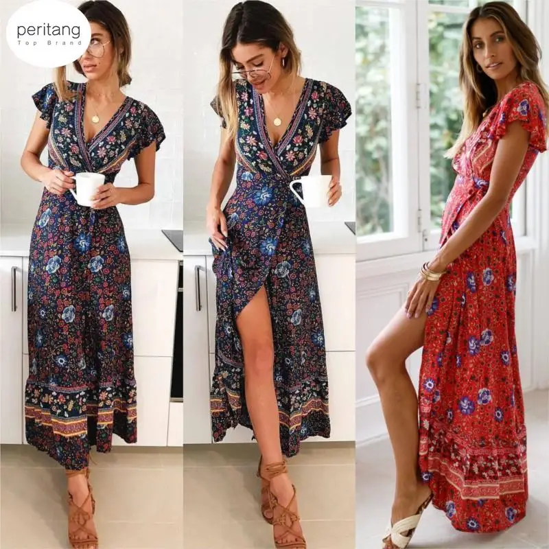 

Women Ladies Boho Summer Beach Dress Short Sleeve Floral Mini Dress Female High Waist V-Neck Tunic Dress Waist Belt Female