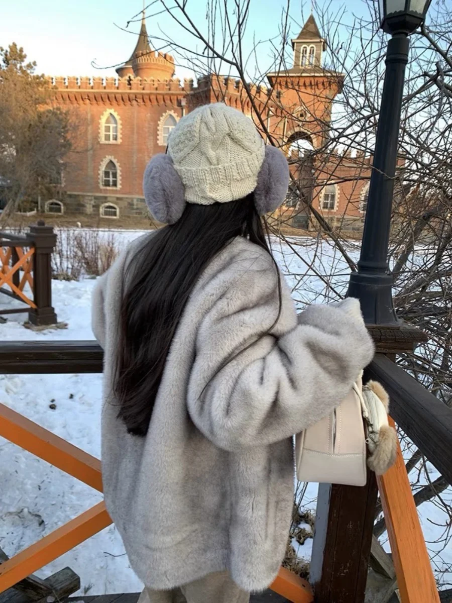 Abrigo de Piel Sintética Ecológico para Mujer, Corte Holgado, Elegante, Piel Sintética de Aspecto Natural, Estilo Coreano, Cuello en V, Manga Larga