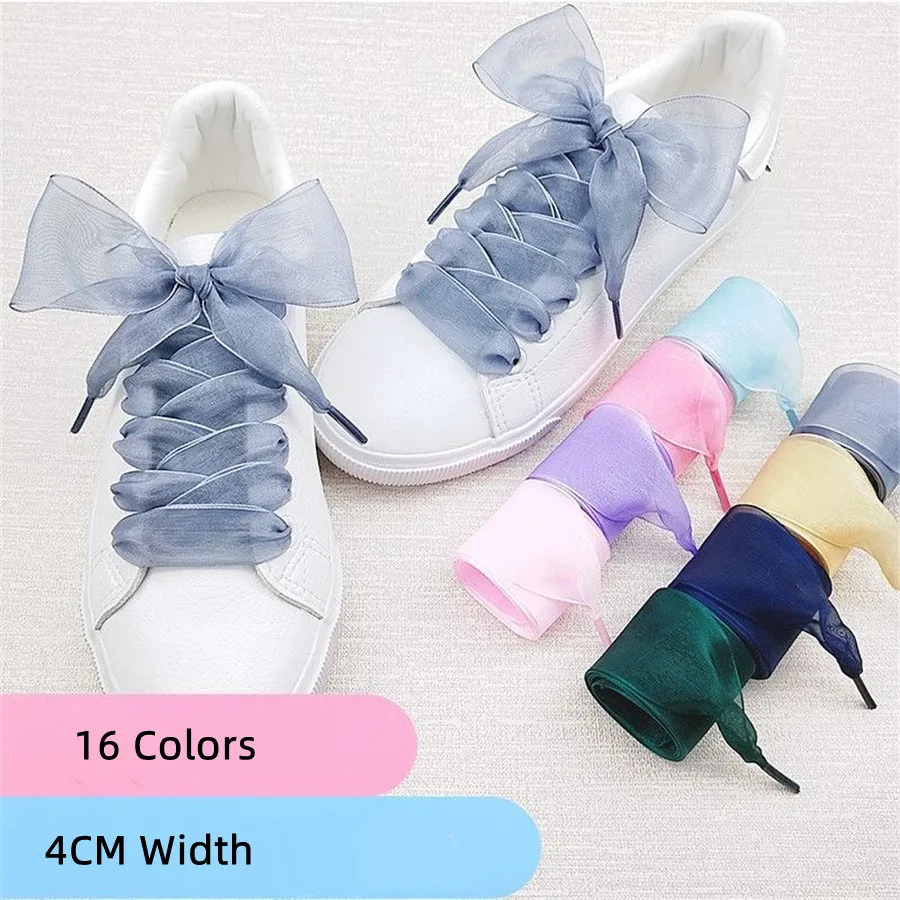 1 Pair 4cm Widen Organza Shoe Strings 60-180cm Women Bow Shoelaces Flat Silk Satin Ribbon Canvas Sneakers Sport Shoes Laces s