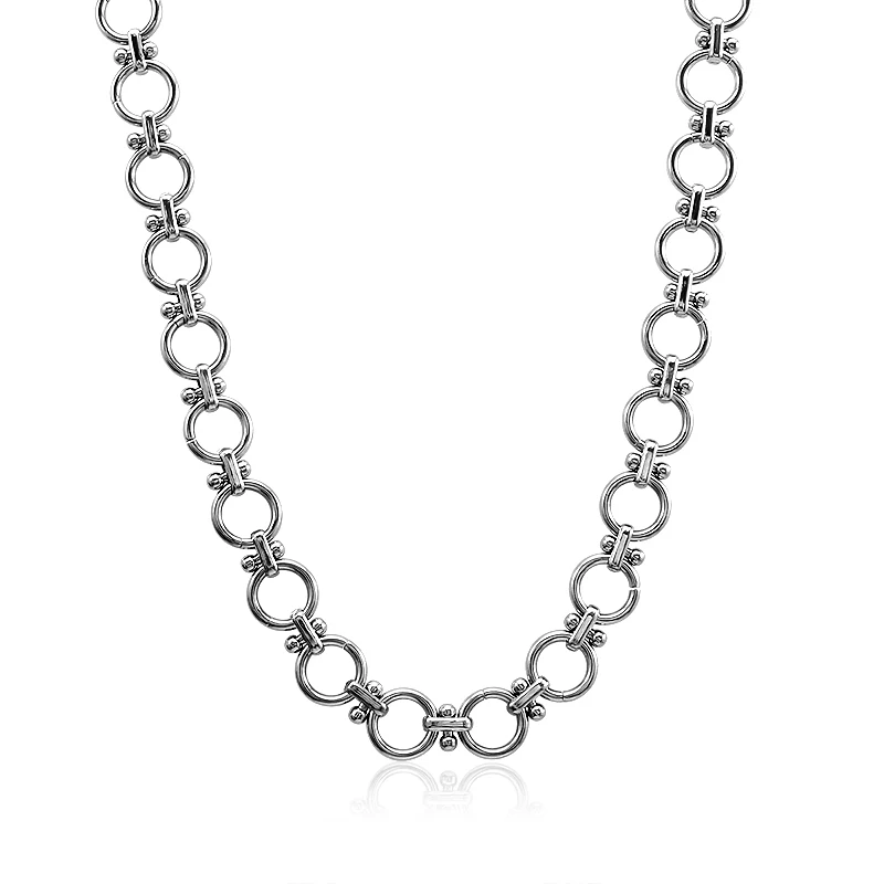 Stainless Steel Silver Interlocking Circle Ring Link Necklace Beaded Chunky Chain Punk Hip Hop Unisex Neck Jewelry For Men Women