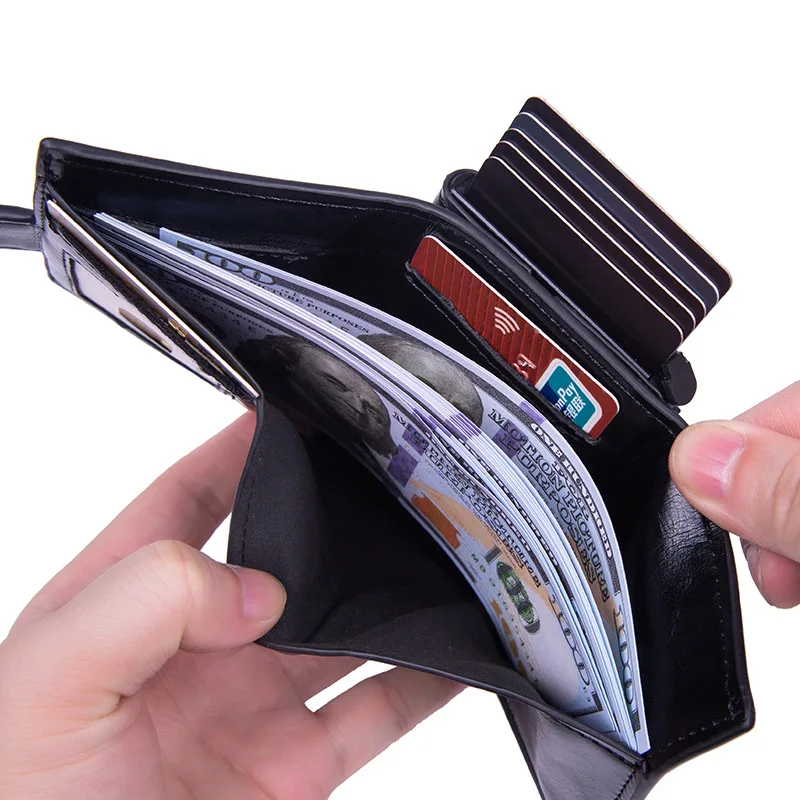 Carbon fiber Automatic Pop Up Men Purse Signal Shielding Bag Faraday Bag ID Credit Card Holder Rfid PU Leather Money Clip