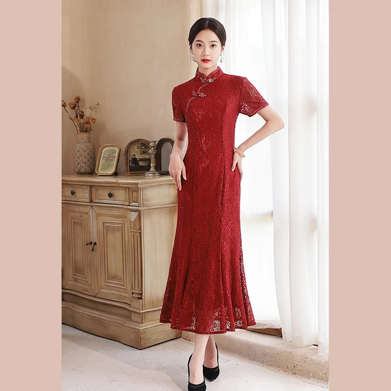 

Yourqipao Summer 2023 Improved Cheongsam Toast Clothing Lace Mermaid Red Engagement Qipao Chinese Style Wedding Dress for Women