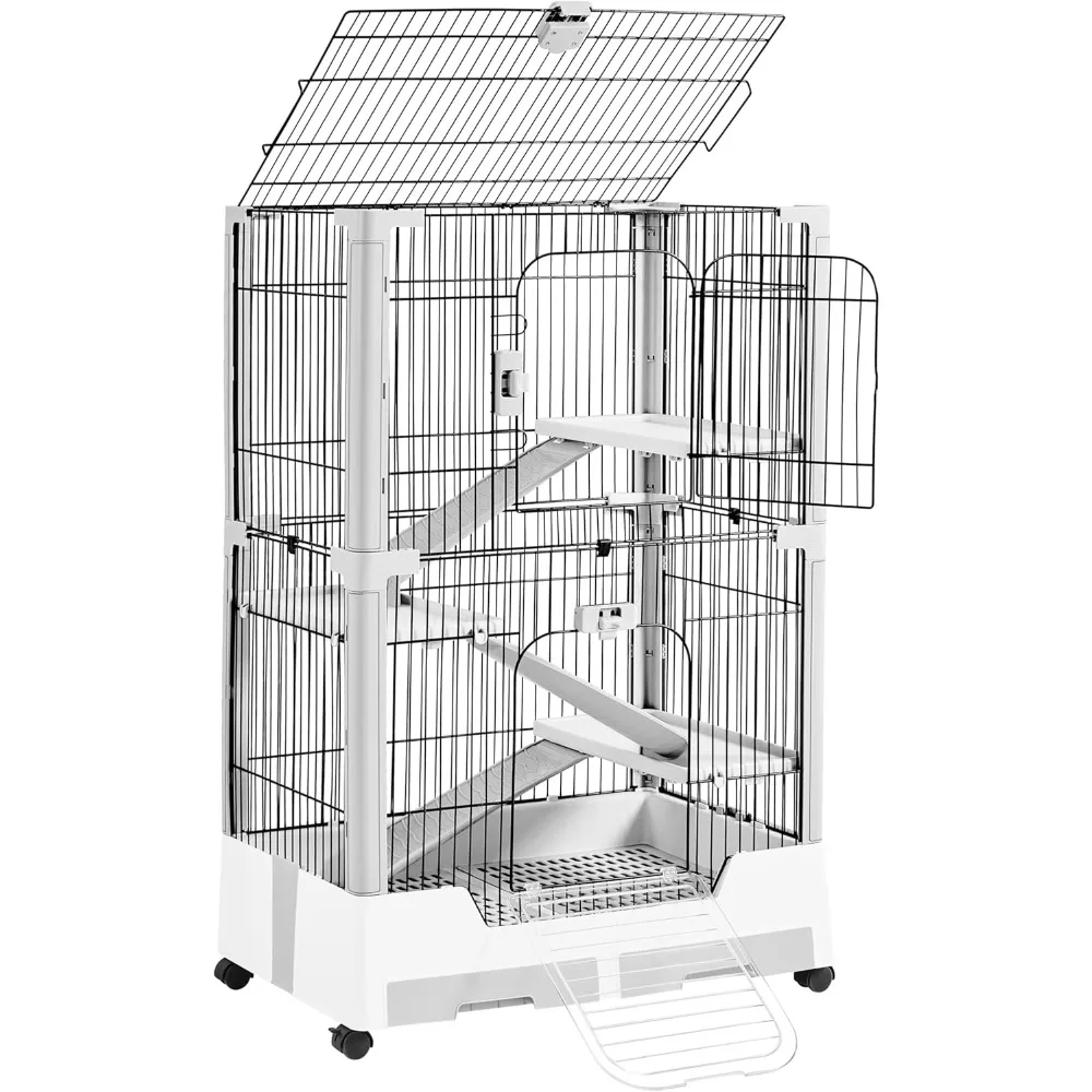 Rolling Small Animal Cage 4 Level Pet Cage with Open Top&Pull-Out Tray for Rabbits, Guinea Pigs, Ferrets and Chinchillas