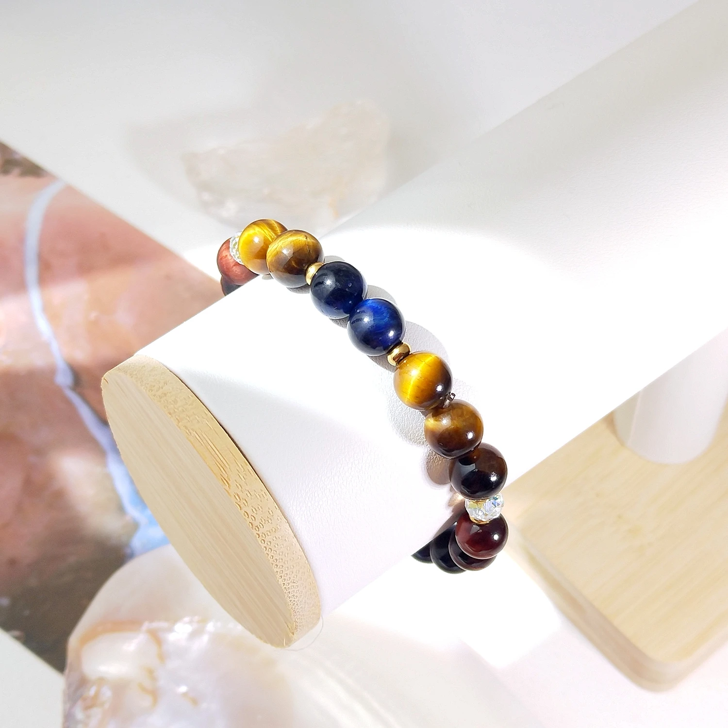 Lii Ji Natural Stone Multi Tiger Eye 6/8mm With Crystal American 14K Gold Filled Elastic Bracelet