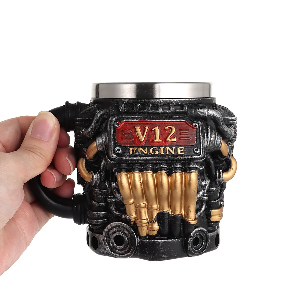 Retro Engine Coffee Mug with Handle 200ML V12 Engines Stainless Steel Cup Realistic Design Double Wall Insulation Car Mug