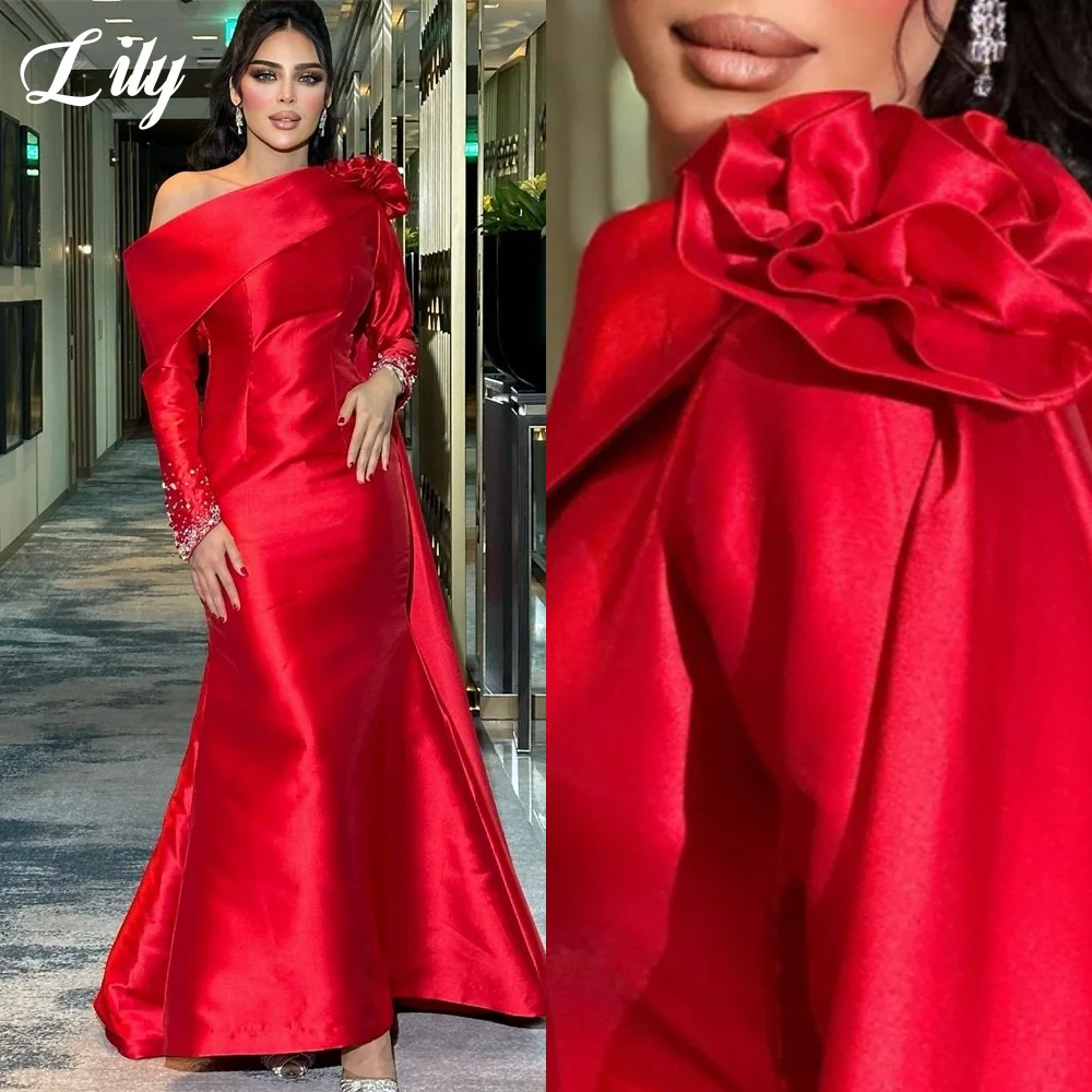 

Lily Red Prom Dress One - Shoulder Satin Texture Formal Dress with 3D Flowers and Beaded Cuff Party Dress robe de bal Customized