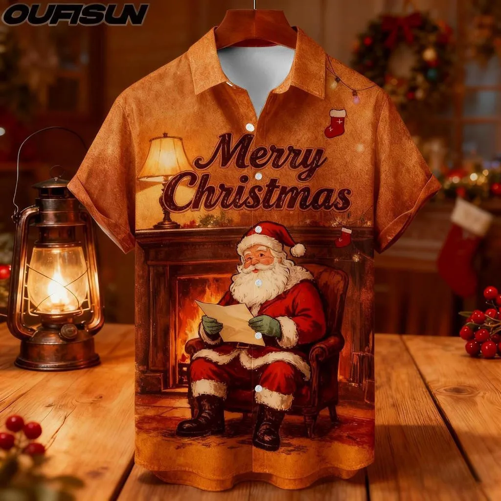 

Мужская рубашка большого размера с лацканами и коротким рукавом для рождественской вечеринки, повседневная уличная рождественская рубашка в стиле хип-хоп, футболка, топ 2025