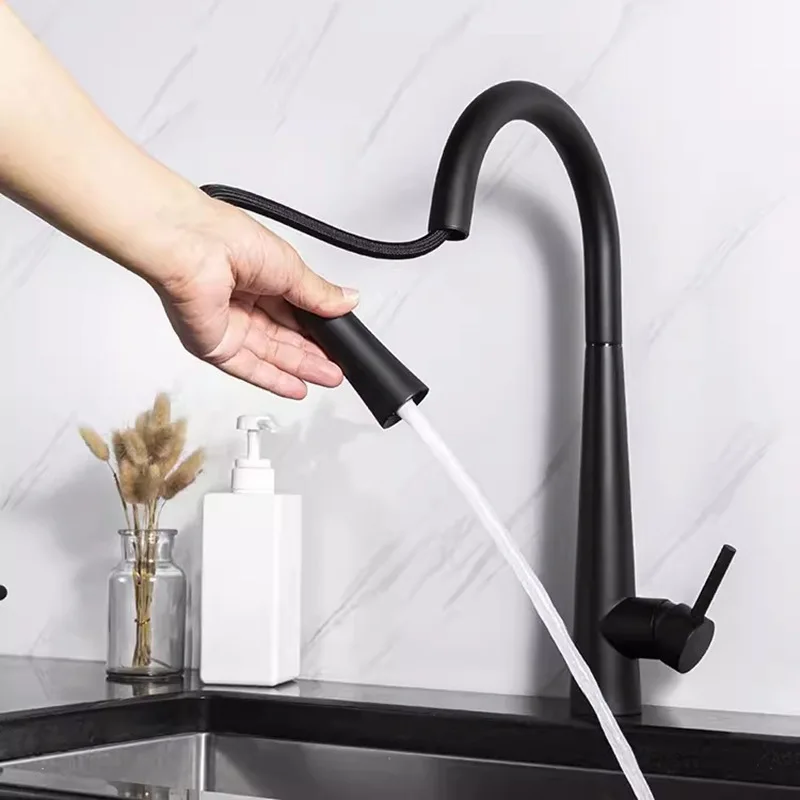 

Kitchen Sink Faucet,Hot & Cold Brass Mixer,Rotating Tap,Pull Out Spray Nozzle,Single Handle Deck Mount,Black,Brushed Gold,Nickel