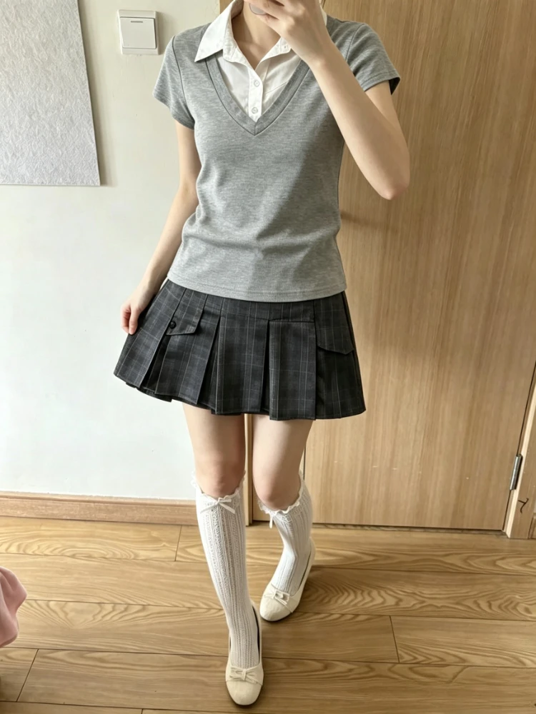 Y2K Daily Summer Hot Girl 2Pcs Suit Women Retro Plaid Short Sleeve Blouse High Waist Pleated Skirt Harajuku Streetwear 2026