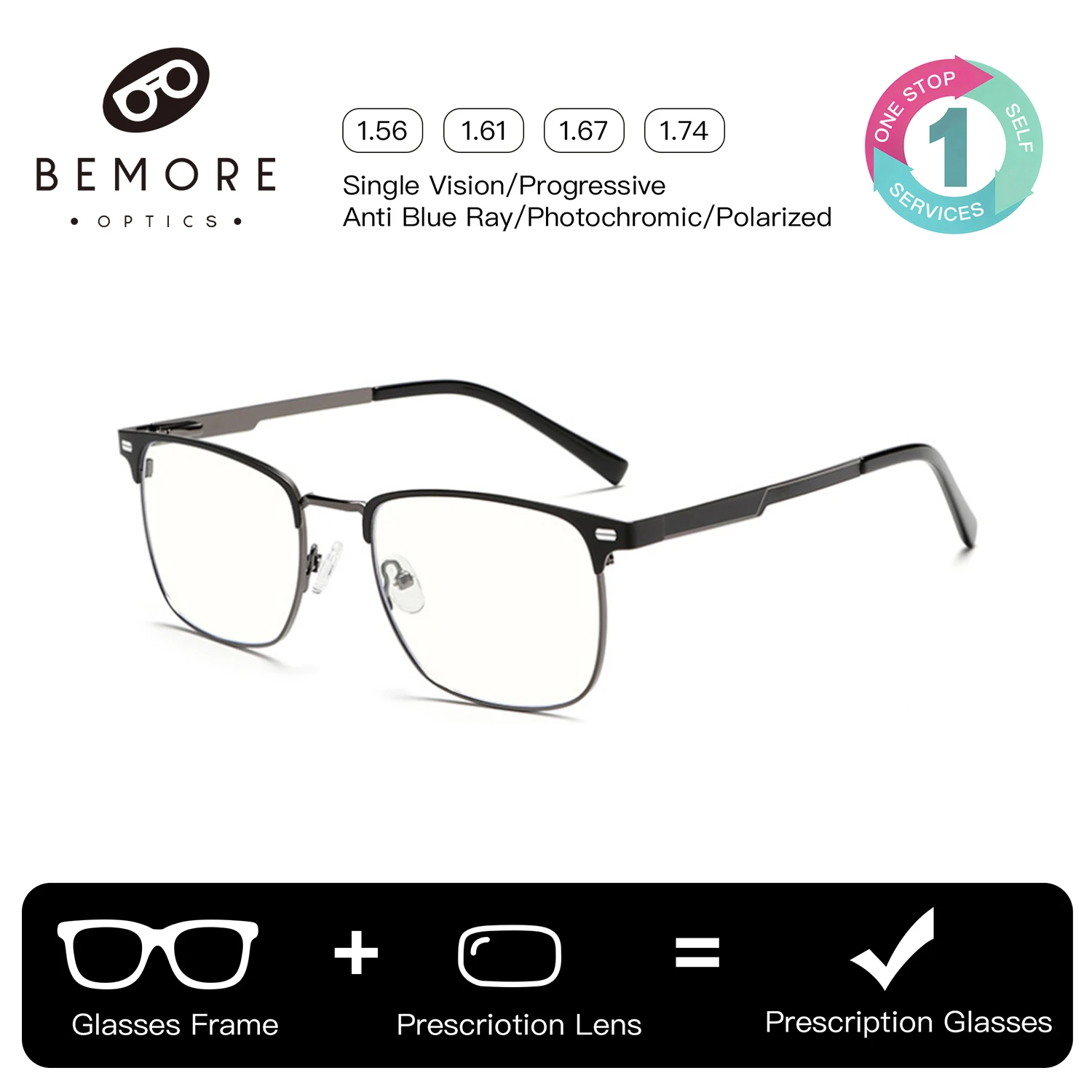 

BEMORE Men Square Alloy Clip on Prescription Eyewear Polarized UV400 Magnetic Optical Magnifying Shadow Eyeglasses