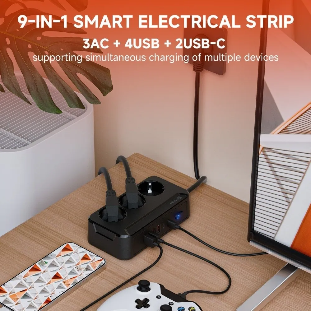 European Standard 2500W EU Plug Outlet 9 Plugs Wall Mounted Wall Power Universal Type-C Ports Power Strip Home Offices