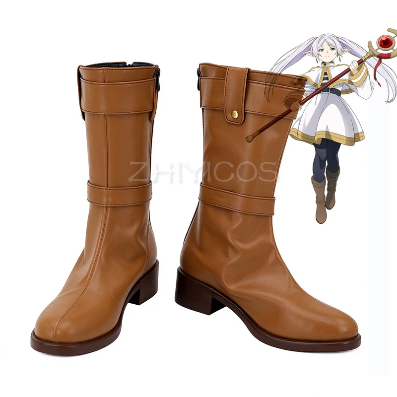 ZHIYICOS Anime Frieren Beyond Journey's End Frieren Cosplay Shoes Brown Mid Calf Boots Carnival Halloween Party Cosplay Footwear