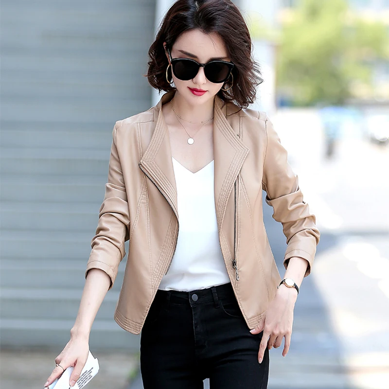Asymmetric Zip Leather Jackets 2023 Spring and Autumn Casual Turn-down Collar Short Slim Real Sheepskin Leather Jacket Women