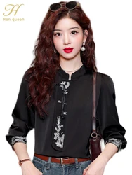 H Han Queen New Chinese Style Jacquard Women Blouse Vintage Tops Chiffon Long Sleeve Casual Office Shirts Women's Clothing Sales