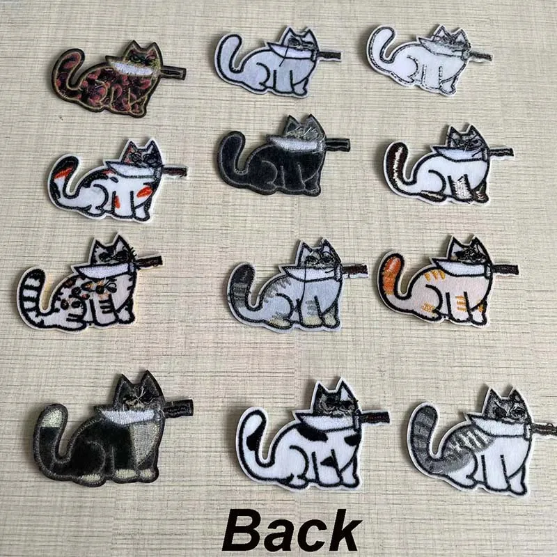 4.4*6.3CM Cute Cat Series Bite Knife Emblem Embroidery Applique Heat Transfer Stickers,Designer Iron On Patches For Clothes