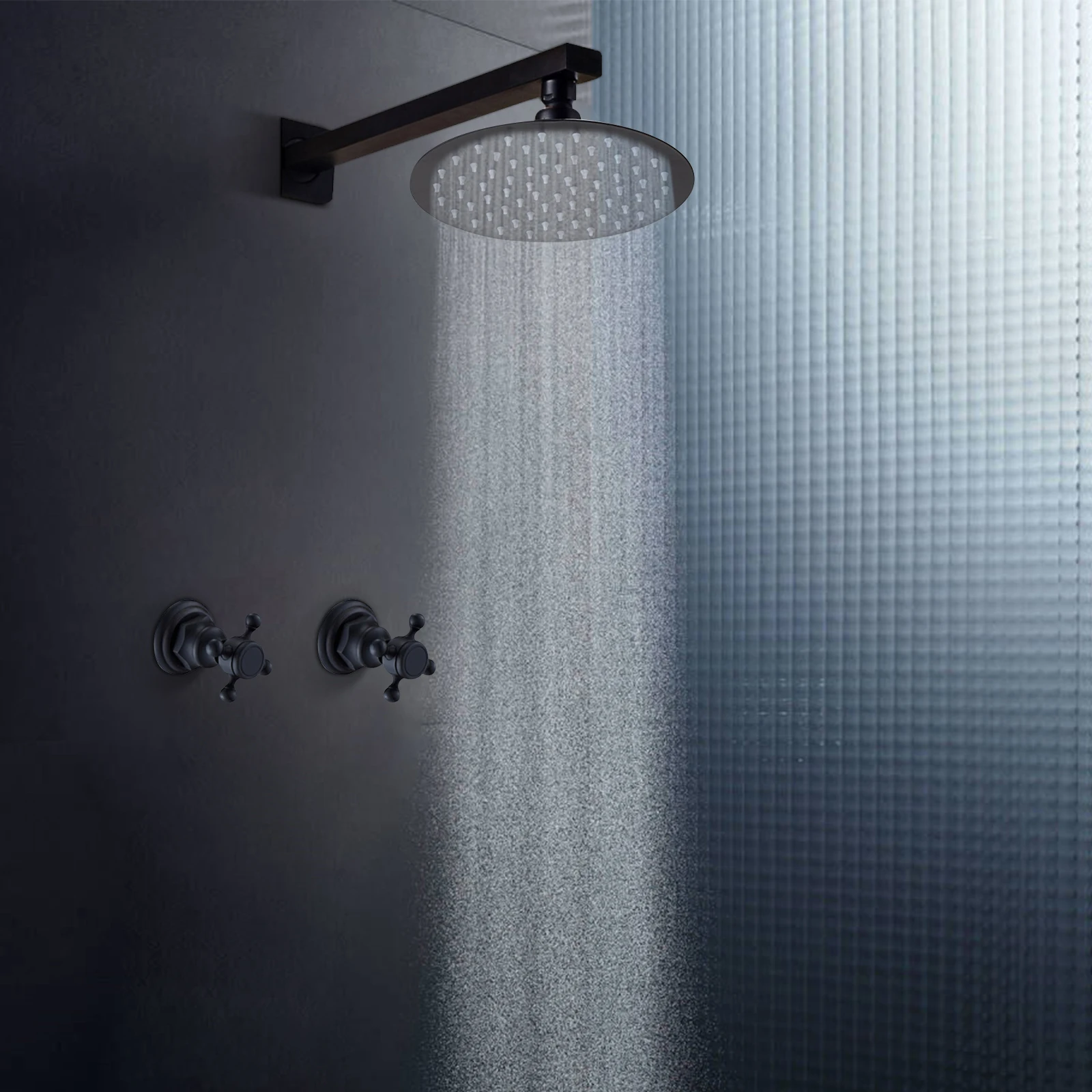 

Wall Mount 8" Black Rain Shower Head 2 Handles Cold & Hot Faucet Mixer Tap Set