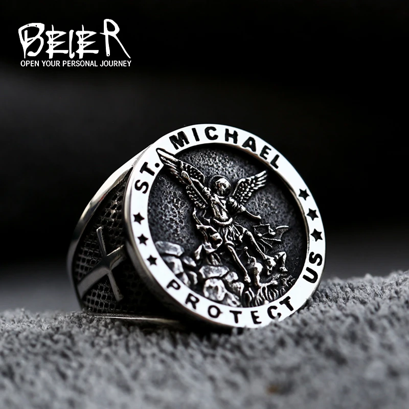 Beier New Design Stainless Steel St Christopher St Michael Ring Cross Renaissance Cross Vintage Jewelry For Men Wholesale