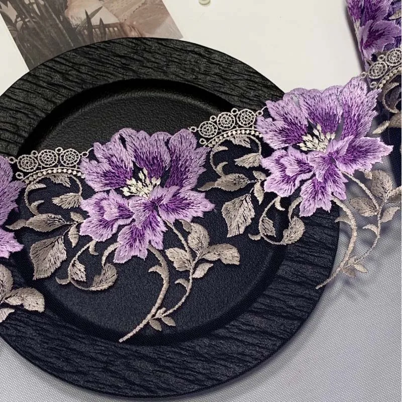 2meters Purple Flowers Embroidery Lace Fabric for Fringe Trim Party Wedding Dress Curtain Decoration Needlework Crafts Material