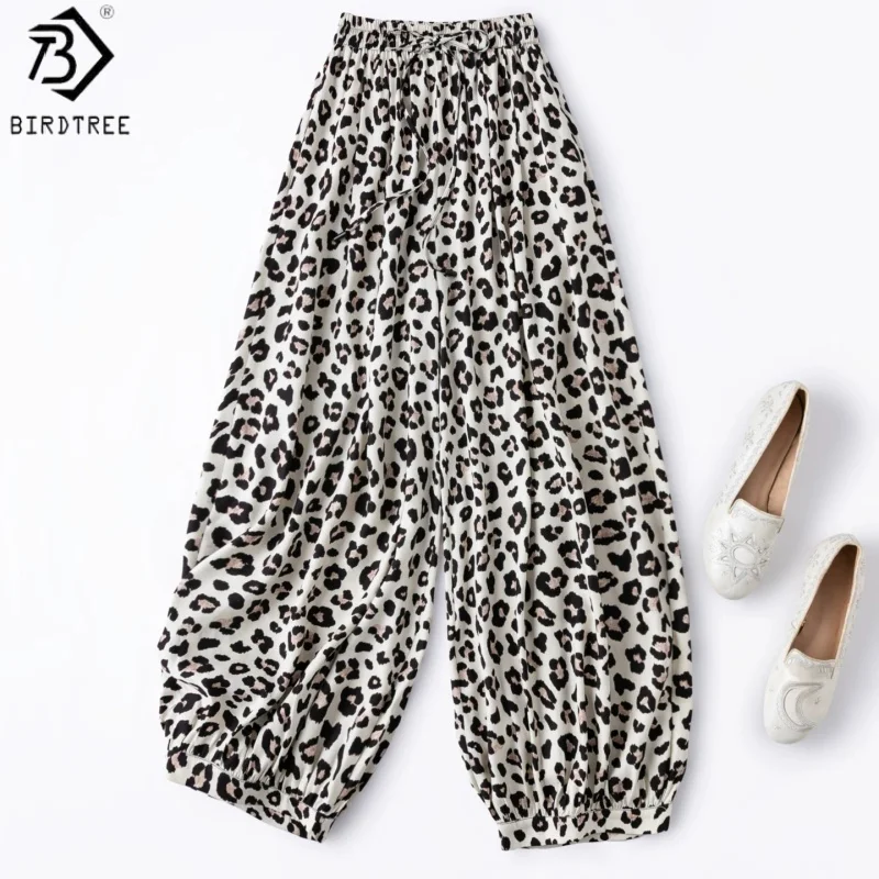 

Birdtree, 100% Real Silk Leopard Print Pants, Women's Spun Silk Loose Lantern Trousers, Elastic Waist, 2026 Summer New P64814JF