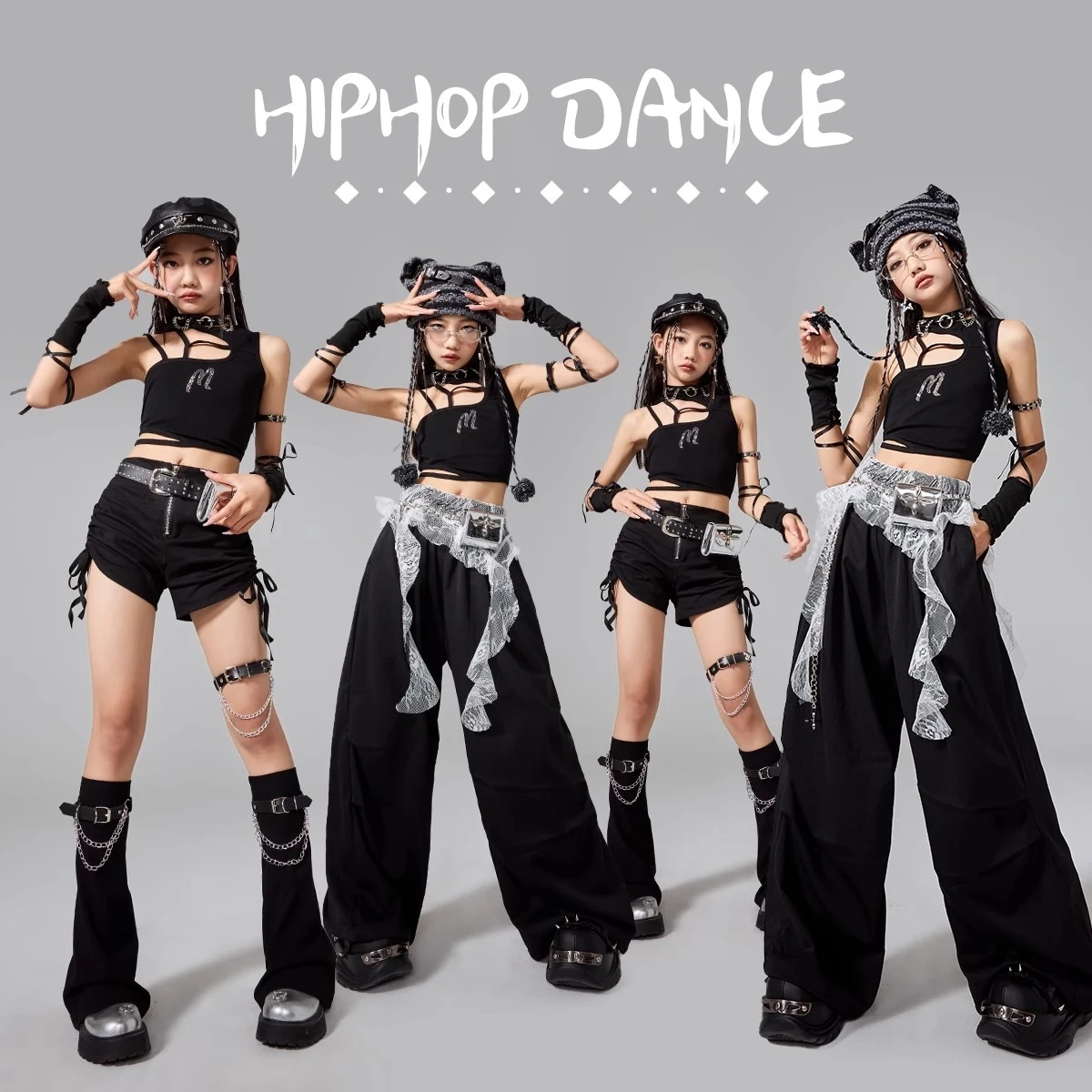 2025 sommer Kinder Jazz Dance Kostüm Mädchen Unregelmäßigen Nabel Tops Schwarze Hosen Kpop Straße Kleidung Bühne Leistung Tragen BL 16703