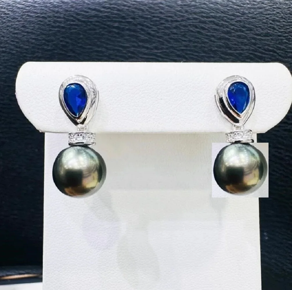 

Beautiful Zircon Water Drop Blue Zircon AAAA10-11mm Natural South Sea Round Pearl Earrings 925s