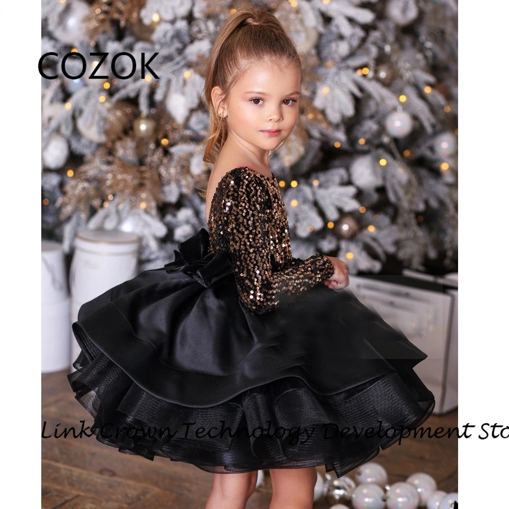 

COZOK Black Flower Girls Dresses for Princess 2024 A Line Wedding Party Dresses with Sequined Satin Summer Happy Dress Christmas