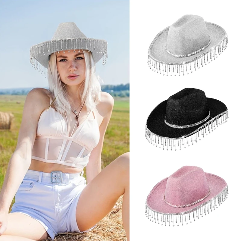 Shimmering Powder Tassels Cowboy Hat Adult Women Bridal Shower Cowgirl Cap Masquerade Balls Costume Headdress