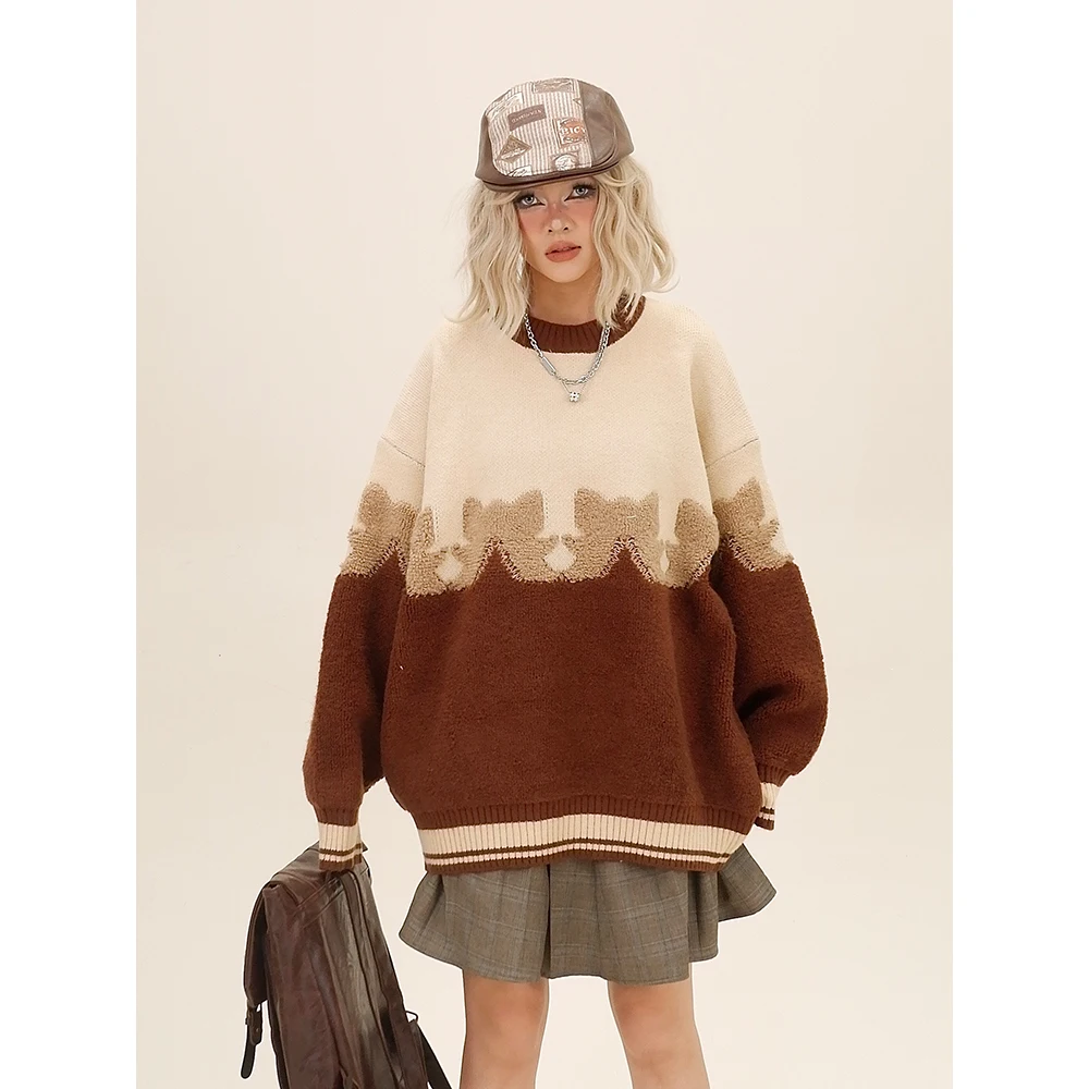 Annoying Contrasting Color Splicing Crew Neck Sweater Women's 2024 Autumn New Loose Bf American College Style Knitting