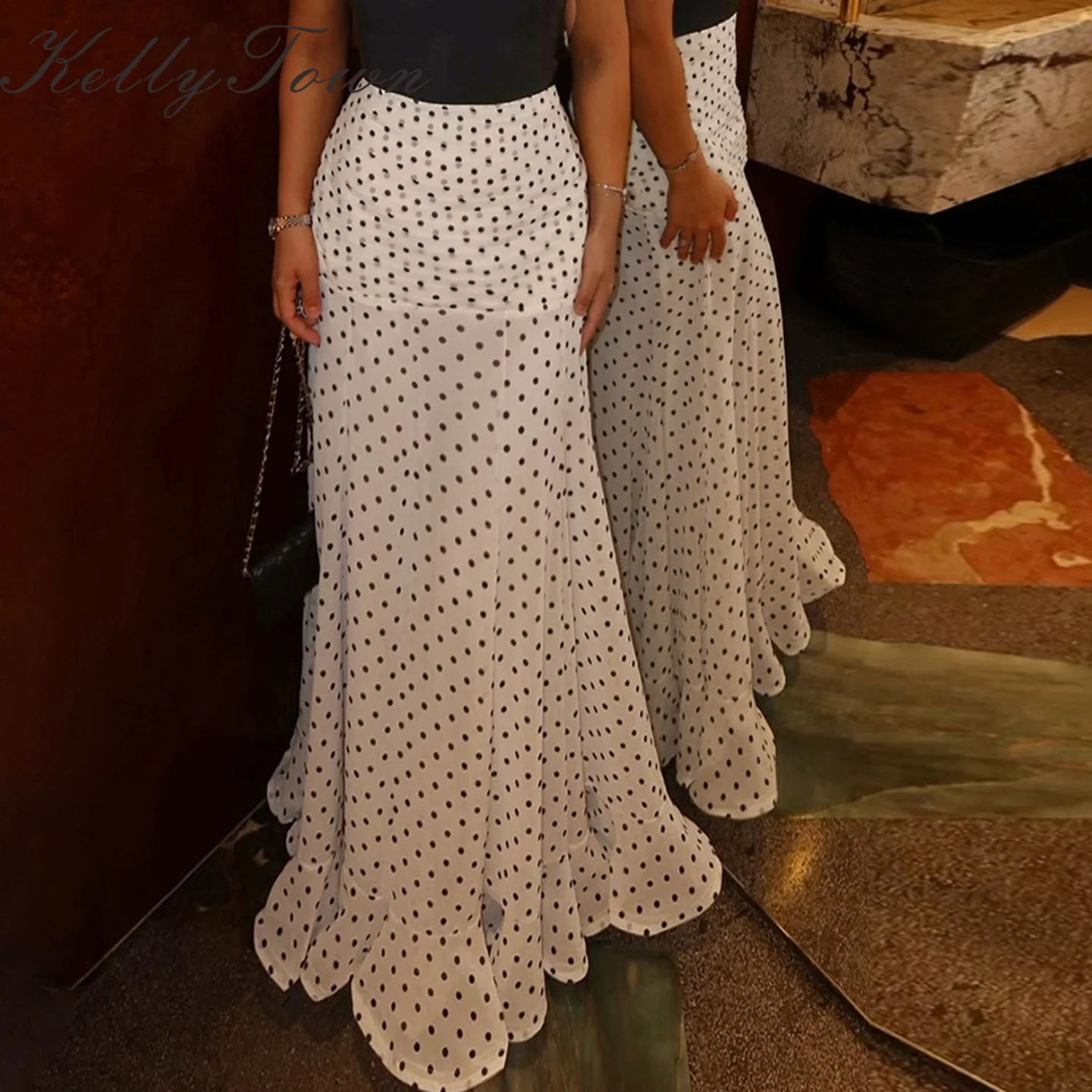 Polka Dot Skirts Floor-length Chiffon Women Skirt French Ruffled Mesh A-line Skirts Elegant Maxi Bottom High Waist Mermaid Skirt