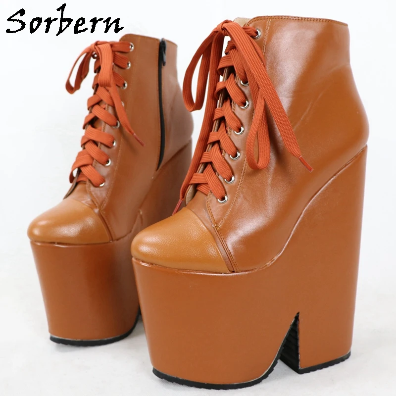 

Sorbern Brown Ankle Women Boots Wedges Lace Up Ladies Booties High Heels Visible Platform Shoes Round Toe Custom
